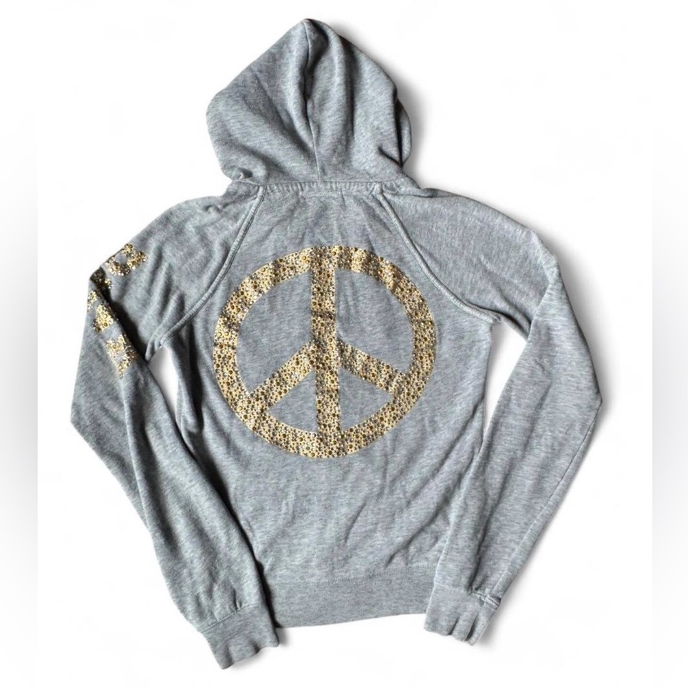 Y2K Gray PINK Hoodie with Gold Sequin Peace Sign